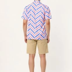 Allegra K Men's Summer Stripe Printed Regular Fit Short Sleeves Button Closure Color Block Shirts Tops