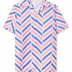 Allegra K Men's Summer Stripe Printed Regular Fit Short Sleeves Button Closure Color Block Shirts Tops