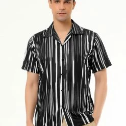 Allegra K Men's Summer Stripe Printed Regular Fit Short Sleeves Button Closure Color Block Shirts Tops