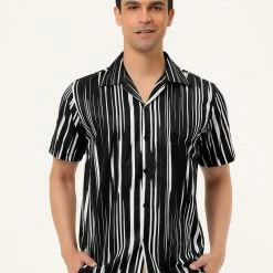 Allegra K Men's Summer Stripe Printed Regular Fit Short Sleeves Button Closure Color Block Shirts Tops