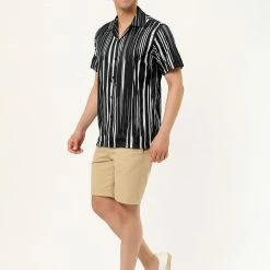 Allegra K Men's Summer Stripe Printed Regular Fit Short Sleeves Button Closure Color Block Shirts Tops