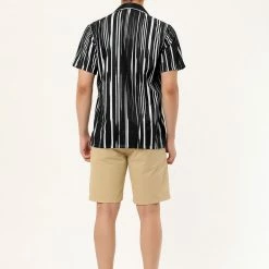 Allegra K Men's Summer Stripe Printed Regular Fit Short Sleeves Button Closure Color Block Shirts Tops