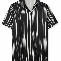 Allegra K Men's Summer Stripe Printed Regular Fit Short Sleeves Button Closure Color Block Shirts Tops