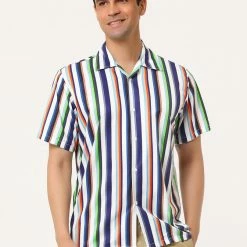 Allegra K Men's Summer Stripe Printed Regular Fit Short Sleeves Button Closure Color Block Shirts Tops
