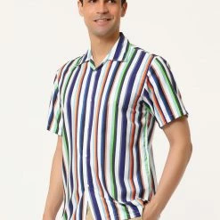 Allegra K Men's Summer Stripe Printed Regular Fit Short Sleeves Button Closure Color Block Shirts Tops