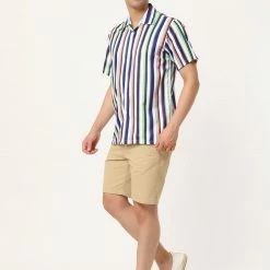 Allegra K Men's Summer Stripe Printed Regular Fit Short Sleeves Button Closure Color Block Shirts Tops