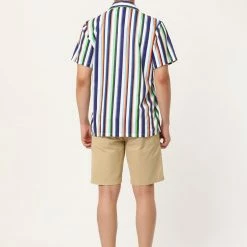 Allegra K Men's Summer Stripe Printed Regular Fit Short Sleeves Button Closure Color Block Shirts Tops