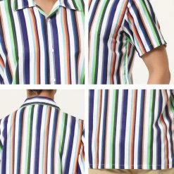 Allegra K Men's Summer Stripe Printed Regular Fit Short Sleeves Button Closure Color Block Shirts Tops