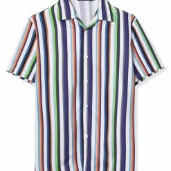 Allegra K Men's Summer Stripe Printed Regular Fit Short Sleeves Button Closure Color Block Shirts Tops