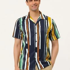 Allegra K Men's Summer Stripe Printed Regular Fit Short Sleeves Button Closure Color Block Shirts Tops