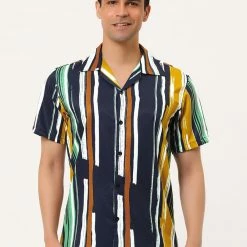 Allegra K Men's Summer Stripe Printed Regular Fit Short Sleeves Button Closure Color Block Shirts Tops