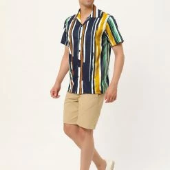 Allegra K Men's Summer Stripe Printed Regular Fit Short Sleeves Button Closure Color Block Shirts Tops
