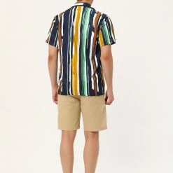 Allegra K Men's Summer Stripe Printed Regular Fit Short Sleeves Button Closure Color Block Shirts Tops
