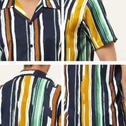 Allegra K Men's Summer Stripe Printed Regular Fit Short Sleeves Button Closure Color Block Shirts Tops