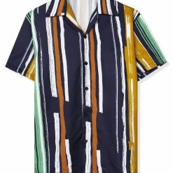 Allegra K Men's Summer Stripe Printed Regular Fit Short Sleeves Button Closure Color Block Shirts Tops