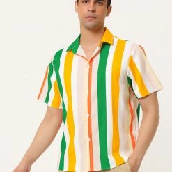 Allegra K Men's Summer Striped Shirt Short Sleeve Button Down Beach Color Block Vertical Stripes Shirts