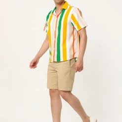 Allegra K Men's Summer Striped Shirt Short Sleeve Button Down Beach Color Block Vertical Stripes Shirts