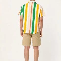 Allegra K Men's Summer Striped Shirt Short Sleeve Button Down Beach Color Block Vertical Stripes Shirts