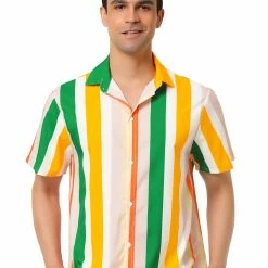 Allegra K Men's Summer Striped Shirt Short Sleeve Button Down Beach Color Block Vertical Stripes Shirts