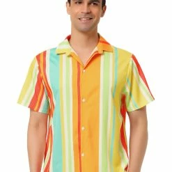 Allegra K Men's Summer Striped Shirt Short Sleeve Button Down Beach Color Block Vertical Stripes Shirts