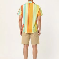 Allegra K Men's Summer Striped Shirt Short Sleeve Button Down Beach Color Block Vertical Stripes Shirts
