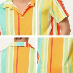 Allegra K Men's Summer Striped Shirt Short Sleeve Button Down Beach Color Block Vertical Stripes Shirts