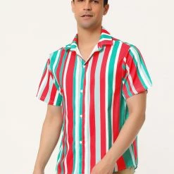 Allegra K Men's Summer Striped Shirt Short Sleeve Button Down Beach Color Block Vertical Stripes Shirts