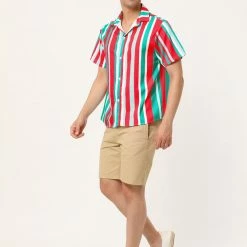 Allegra K Men's Summer Striped Shirt Short Sleeve Button Down Beach Color Block Vertical Stripes Shirts