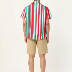 Allegra K Men's Summer Striped Shirt Short Sleeve Button Down Beach Color Block Vertical Stripes Shirts