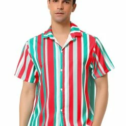 Allegra K Men's Summer Striped Shirt Short Sleeve Button Down Beach Color Block Vertical Stripes Shirts