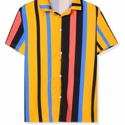 Allegra K Men's Summer Striped Shirt Short Sleeve Button Down Beach Color Block Vertical Stripes Shirts
