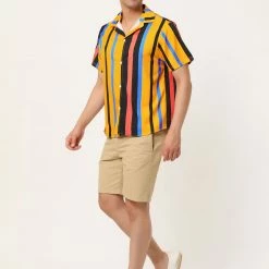 Allegra K Men's Summer Striped Shirt Short Sleeve Button Down Beach Color Block Vertical Stripes Shirts