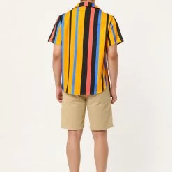 Allegra K Men's Summer Striped Shirt Short Sleeve Button Down Beach Color Block Vertical Stripes Shirts