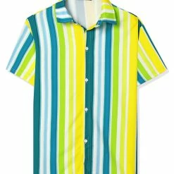 Allegra K Men's Summer Striped Shirt Short Sleeve Button Down Beach Color Block Vertical Stripes Shirts