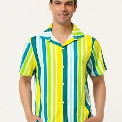 Allegra K Men's Summer Striped Shirt Short Sleeve Button Down Beach Color Block Vertical Stripes Shirts