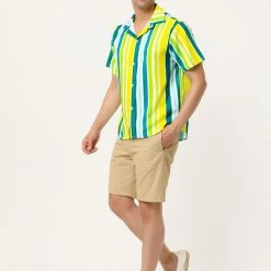 Allegra K Men's Summer Striped Shirt Short Sleeve Button Down Beach Color Block Vertical Stripes Shirts