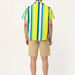 Allegra K Men's Summer Striped Shirt Short Sleeve Button Down Beach Color Block Vertical Stripes Shirts