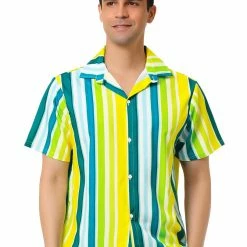 Allegra K Men's Summer Striped Shirt Short Sleeve Button Down Beach Color Block Vertical Stripes Shirts