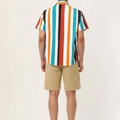 Allegra K Men's Summer Striped Shirt Short Sleeve Button Down Beach Color Block Vertical Stripes Shirts