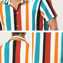 Allegra K Men's Summer Striped Shirt Short Sleeve Button Down Beach Color Block Vertical Stripes Shirts