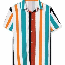 Allegra K Men's Summer Striped Shirt Short Sleeve Button Down Beach Color Block Vertical Stripes Shirts