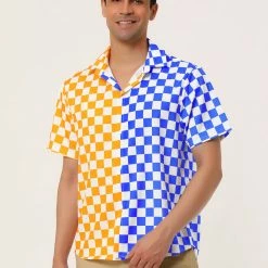 Allegra K Men's Summer Color Block Short Sleeves Button Down Patchwork Plaid Shirts