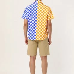 Allegra K Men's Summer Color Block Short Sleeves Button Down Patchwork Plaid Shirts