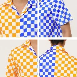 Allegra K Men's Summer Color Block Short Sleeves Button Down Patchwork Plaid Shirts