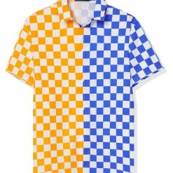 Allegra K Men's Summer Color Block Short Sleeves Button Down Patchwork Plaid Shirts