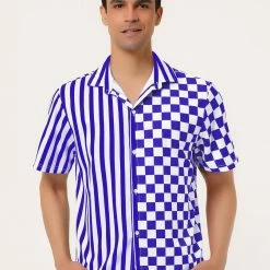 Allegra K Men's Contrast Color Short Sleeve Button Down Printed Striped Plaid Shirt