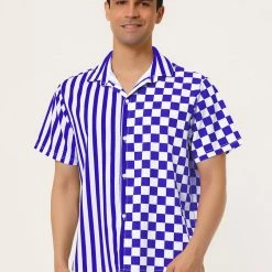Allegra K Men's Contrast Color Short Sleeve Button Down Printed Striped Plaid Shirt