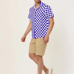 Allegra K Men's Contrast Color Short Sleeve Button Down Printed Striped Plaid Shirt
