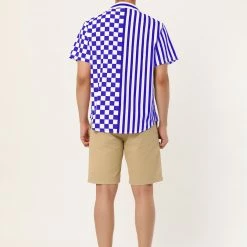 Allegra K Men's Contrast Color Short Sleeve Button Down Printed Striped Plaid Shirt