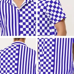 Allegra K Men's Contrast Color Short Sleeve Button Down Printed Striped Plaid Shirt